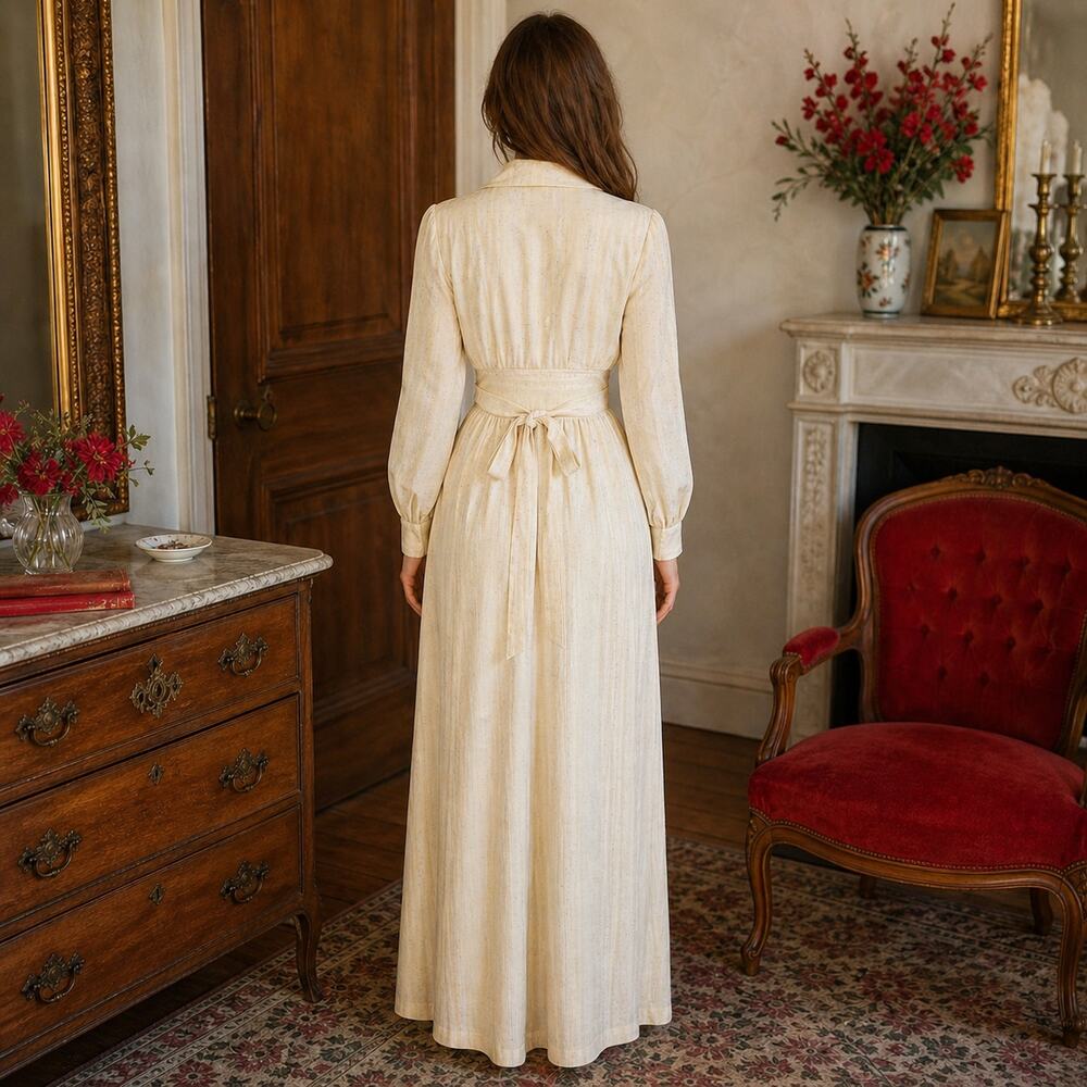 70s VTG Momentum Maxi Dress, Faux Corset Waist Jacquard Stripe Cream Maxi - S - Picture 2 of 10